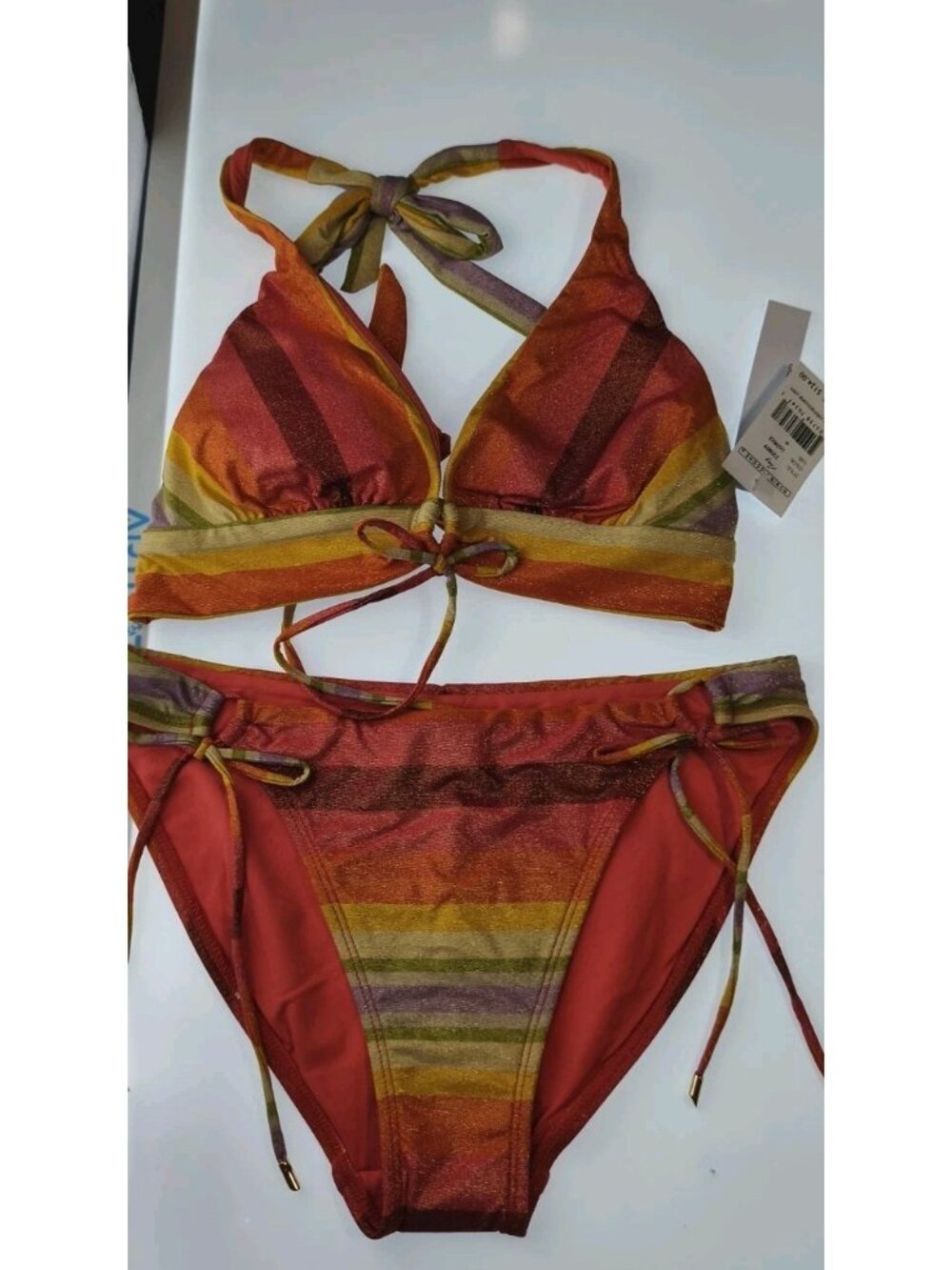 Robin Piccone Red Orange Yellow Striped Bikini